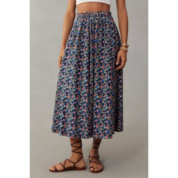 NWT Birds of Paradis by Trovata Flora Skirt in Navy Floral A-line Midi S $388